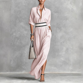 Women Clothing Draping Effect High Slit Maxi Dress Lapels Single Breasted Long Sleeve Dress