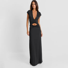 Women Clothing Autumn Solid Color Casual Short Sleeve Hollow Out Cutout Out Deep V Bare Cropped Slim Fit Maxi Dress