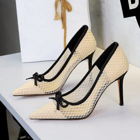 French High Heels Bow Pointed Shallow Mouth Mesh Lace Stiletto Heel Slip on Pumps Women