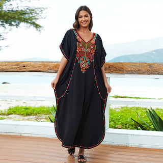 Casual Vacation Loose Maxi Dress Beach Cover up Embroidered Dress Bikini Swimsuit Outwear