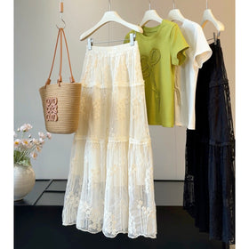 Gentle Three Dimensional Floral Lace Skirt Women Summer Elastic High Waist Hollow Out Cutout out Mesh Large Swing