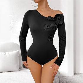 Three Dimensional Floral Body Shaping Corsets Women Outer Wear Sexy One Shoulder Cold Shoulder Long Sleeve Slim Fit Top