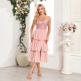 Pink Chiffon Stitching Sequined Three Layer Pleated Midi Dress Spring Summer Thin Strap Stitching Women Elegant Dress