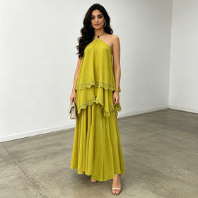 Modern Romantic Tiered Dress Halter Sleeveless Loose Profile Lace High Grade Dress