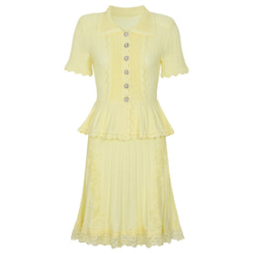 Summer Ladies Internet Popular Slim Fitting Slimming Pearl Buckle Faux Two Pieces Short Sleeve Dress