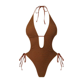 Bikini Sexy Deep V Plunge Lace up Halterneck Backless Siamese Women Swimsuit