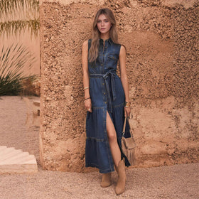 Blue Sleeveless with Waist Lace up Design Imitation Denim Material Single Row Multi Buckle Maxi Dress