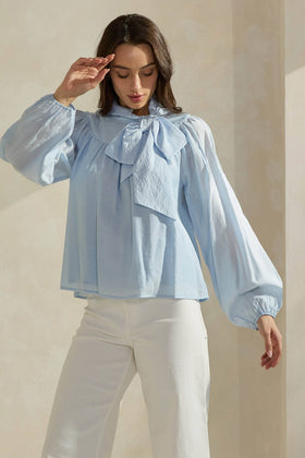 Sky Blue Bow-Tie Neck Cotton Blouse