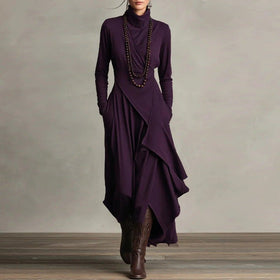 Asymmetric Wrap Gown with Turtleneck | Draped Handkerchief Hem Dress(MS261)