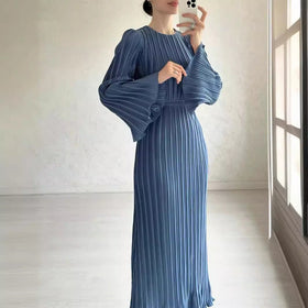 Autumn New Pleated Flared Sleeve Wedding Guest Dress Abaya with Belt(MA193)