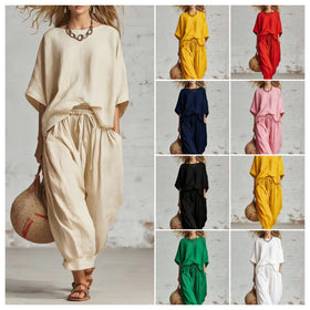 Women's Solid Color Loose Casual Set – T-Shirt & Ankle Pants