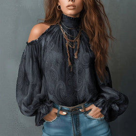 Women's Retro Cashew Print Off-Shoulder Blouse with Lantern Sleeves