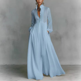 Women's French Style Long Sleeve Pleated A-Line Maxi Dress