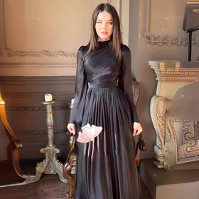 Elegant French Waist Pleated Half-Turtleneck Flared Sleeve Dresses Abaya Wedding Guest Gown (MA199)