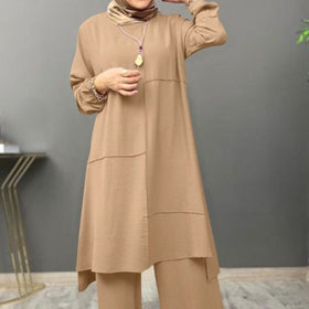 Elegant Sportswear Two-Piece Set | Modest Muslim Athleisure Bubble Sleeve Top & Wide Leg Pants (MS101)