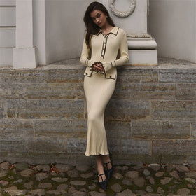 French Luxury Ruffle Trim Knit Dress | Collared Midi Sweater Dress(MS199)