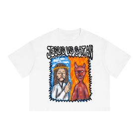 Jesus Vs Satan Streetwear Tee Y2k T-Shirt White Boxy Cropped 250GSM Summer Short Sleeve Crew Neck