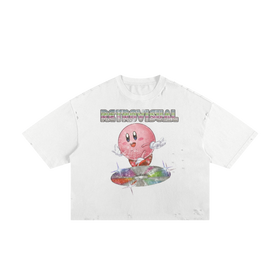 Kirby Vintage Streetwear Shirt Y2K Frayed Boxy Tee White Pink Cotton 250 GSM Distressed All Over