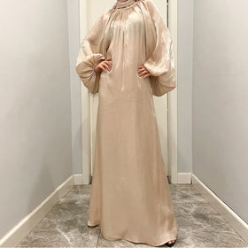 Luxurious Shimmer Abaya with Lantern Sleeves | Stand Collar Back Tie Maxi Dress(MA324)