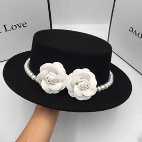 Vintage Wool Boater Hat with Pearl Flower Decor, Classic British Style Fedora for Women