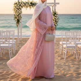 Mesh Flower Bead Open Abaya and Satin Interior Dress 2-Piece Set | Elegant Muslim Wedding Guest Outfit(MOA222)