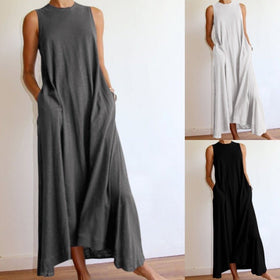 Sleeveless Silk Maxi Dress with Pockets | A-Line Silk Maxi Dress With No Sleeves (MS189)