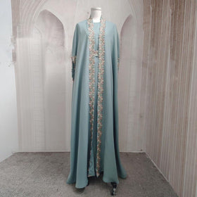 Mint Gold Bell Sleeve Abaya & Robe | Formal Muslim Luxury Two-Piece (MOA177)