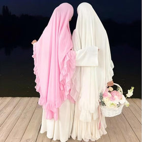 Soft Solid Color Muslim Hijabs with Flowy Cape Design | Double-Layer Ruffle-Edged Big Swing Headscarf (MK023)