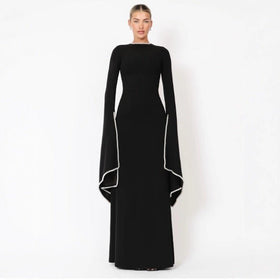Pearl-Trimmed Cape Sleeve Evening Gown | Fitted Black Maxi Dress(MA355)