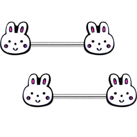 14G 5/8 White Bunny Rabbit Heads Barbell Nipple Ring Set