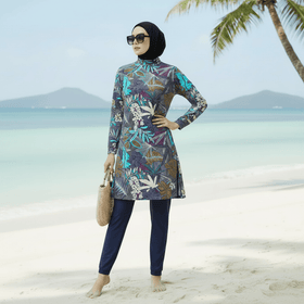 Tropical Print Modest Burkini Swimsuit Set(MB022)