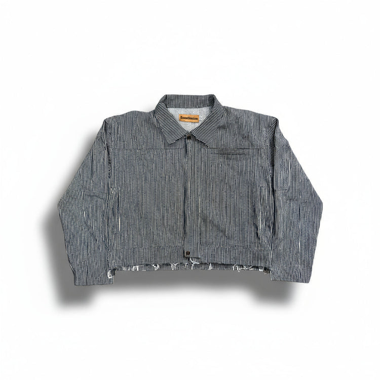 KEEMSTUDIOS Pin-Stripe Jacket draped on dress form in Brooklyn studio