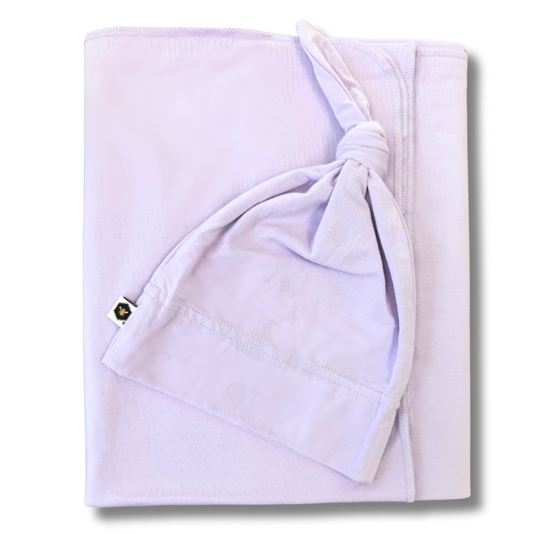 Bumblito Bamboo Stretch Swaddle Set in Lilac — newborn-safe swaddle with matching beanie