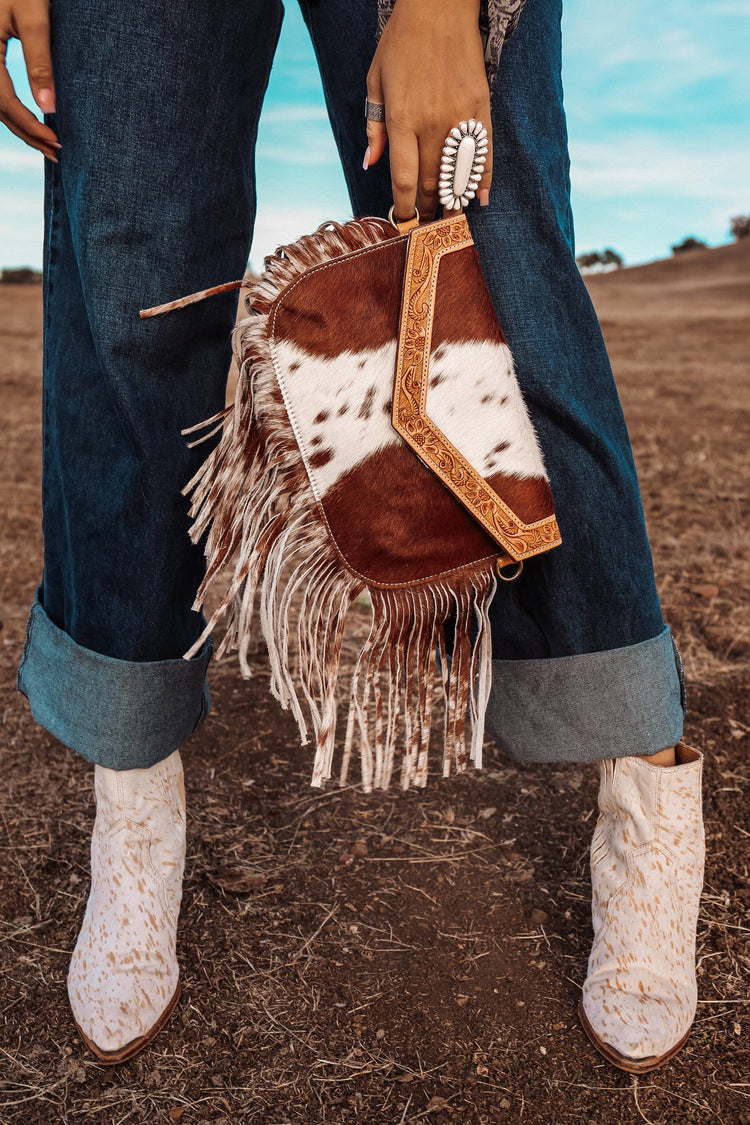 Dallas Fringe Cowhide Purse — hair-on cowhide with leather fringe