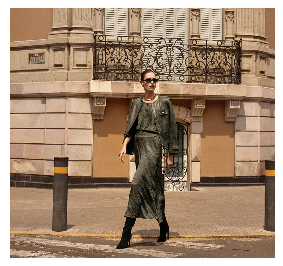 Joseph Ribkoff pleated dress — Quebec contemporary womenswear at KADOU BOUTIQUE