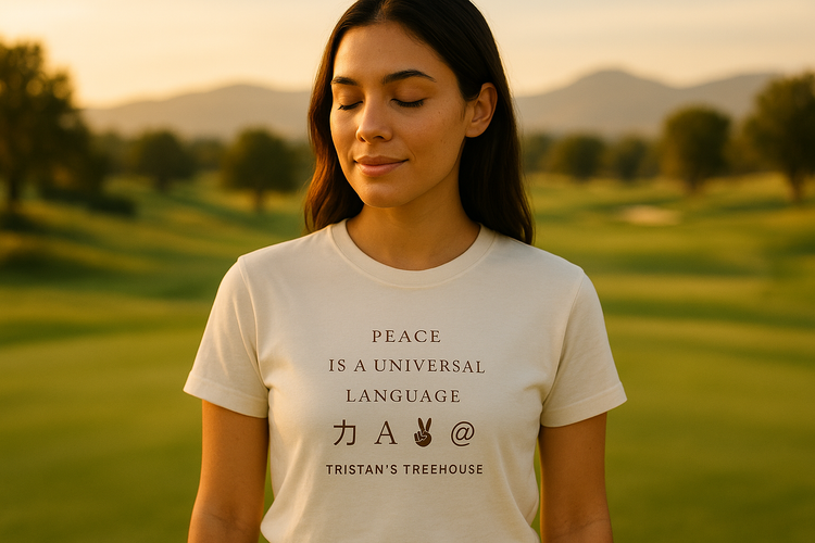 Tristan's Treehouse · Peace is a Universal Language tee — virtue-graphic apparel