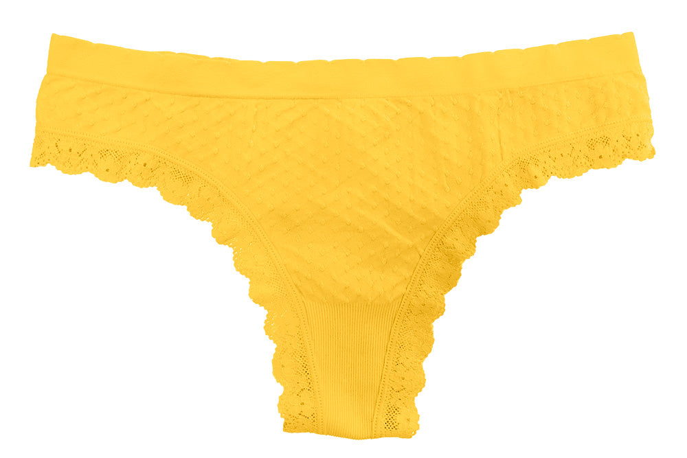 Scalloped Dot and Lace Seamless Tag-Free Thong — circular-knit with 12% spandex content