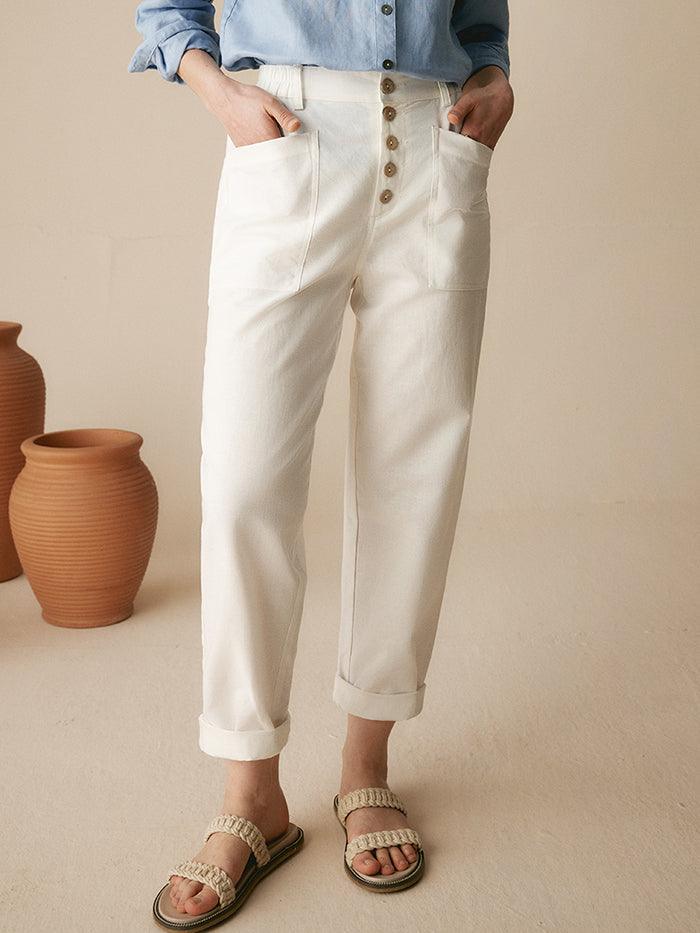 LINTICO Linen Simple Button Fly Trousers HEIDI — product on model