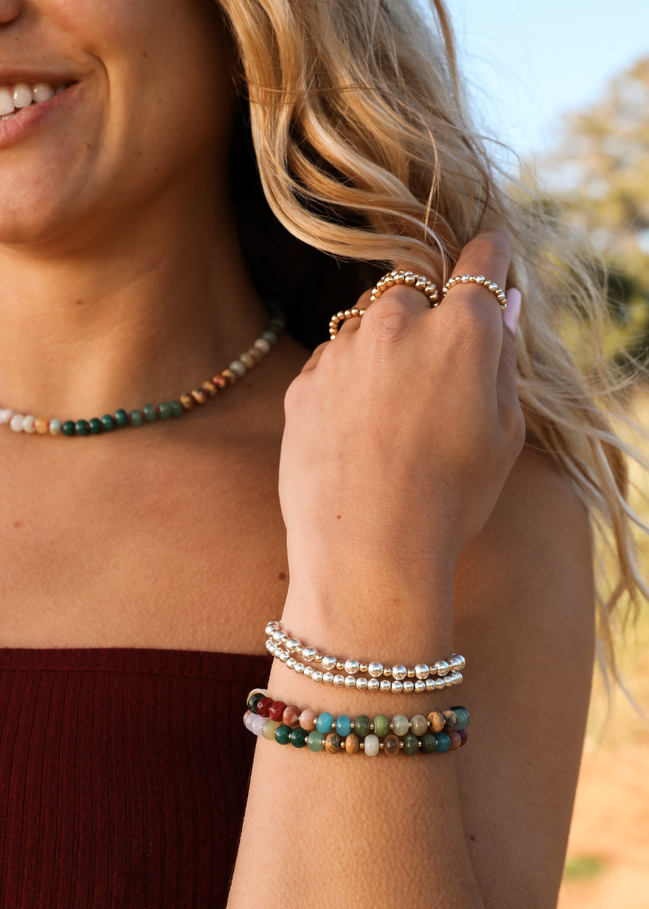 CanyonLeaf Natural Gemstone Bracelet + 14k Gold Filled Toggle : Sandbar — lifestyle worn / used context