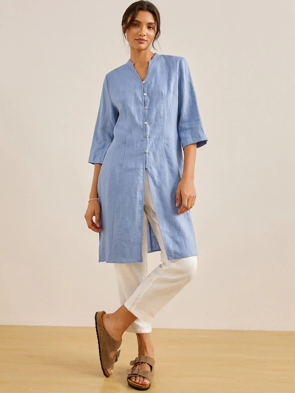 LINTICO 100% Linen Hand Button Long Top DILLON — detail shot 7