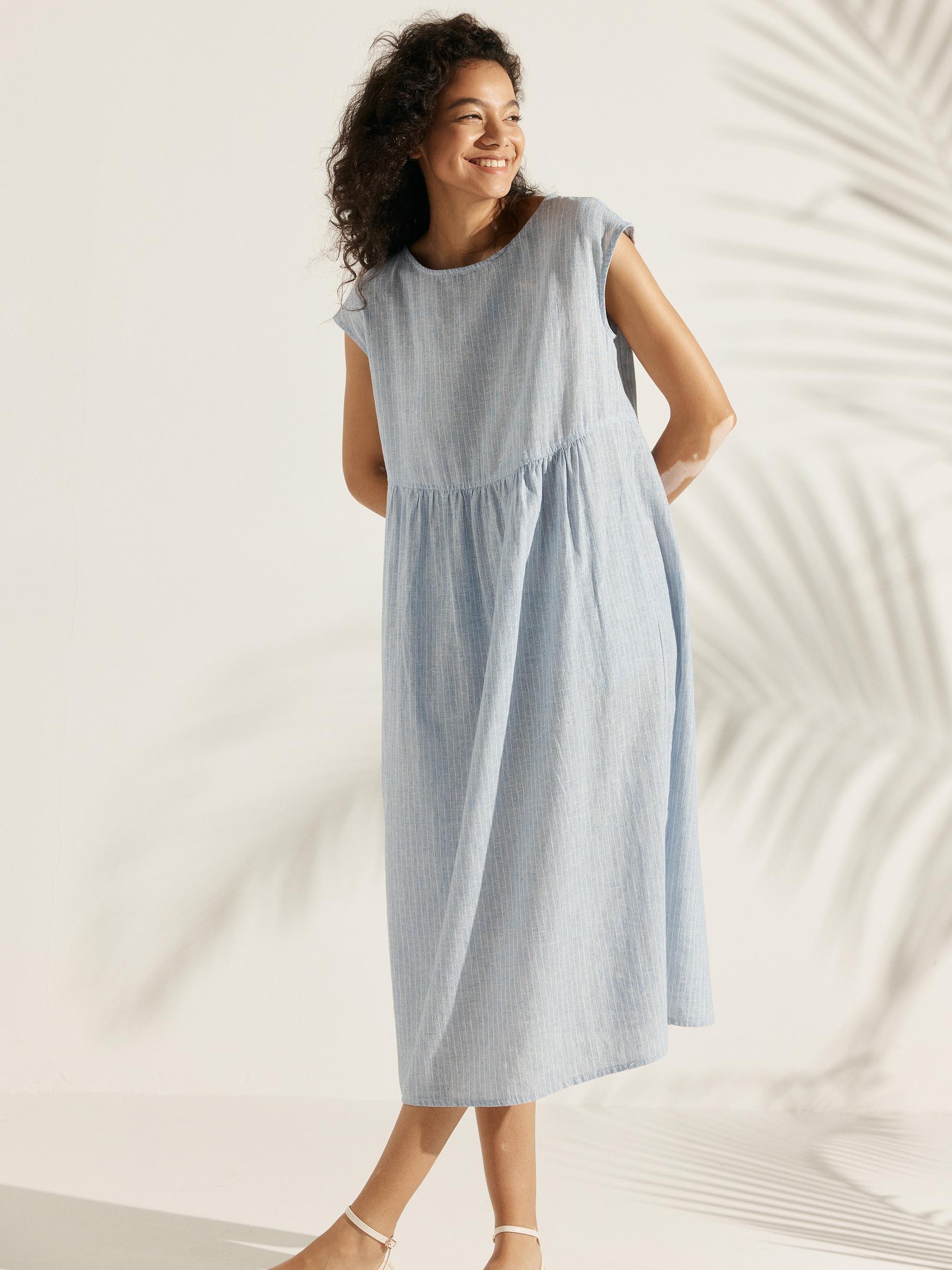 LINTICO Linen Striped Cap Sleeve Washed Maxi Dress JOAN — main product shot