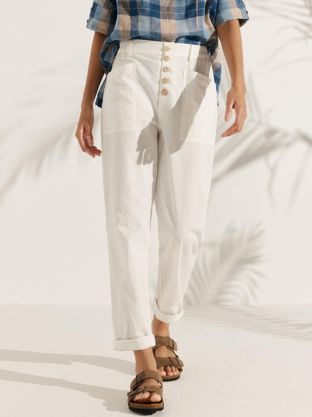 LINTICO Linen Simple Button Fly Trousers HEIDI — flat-lay composition