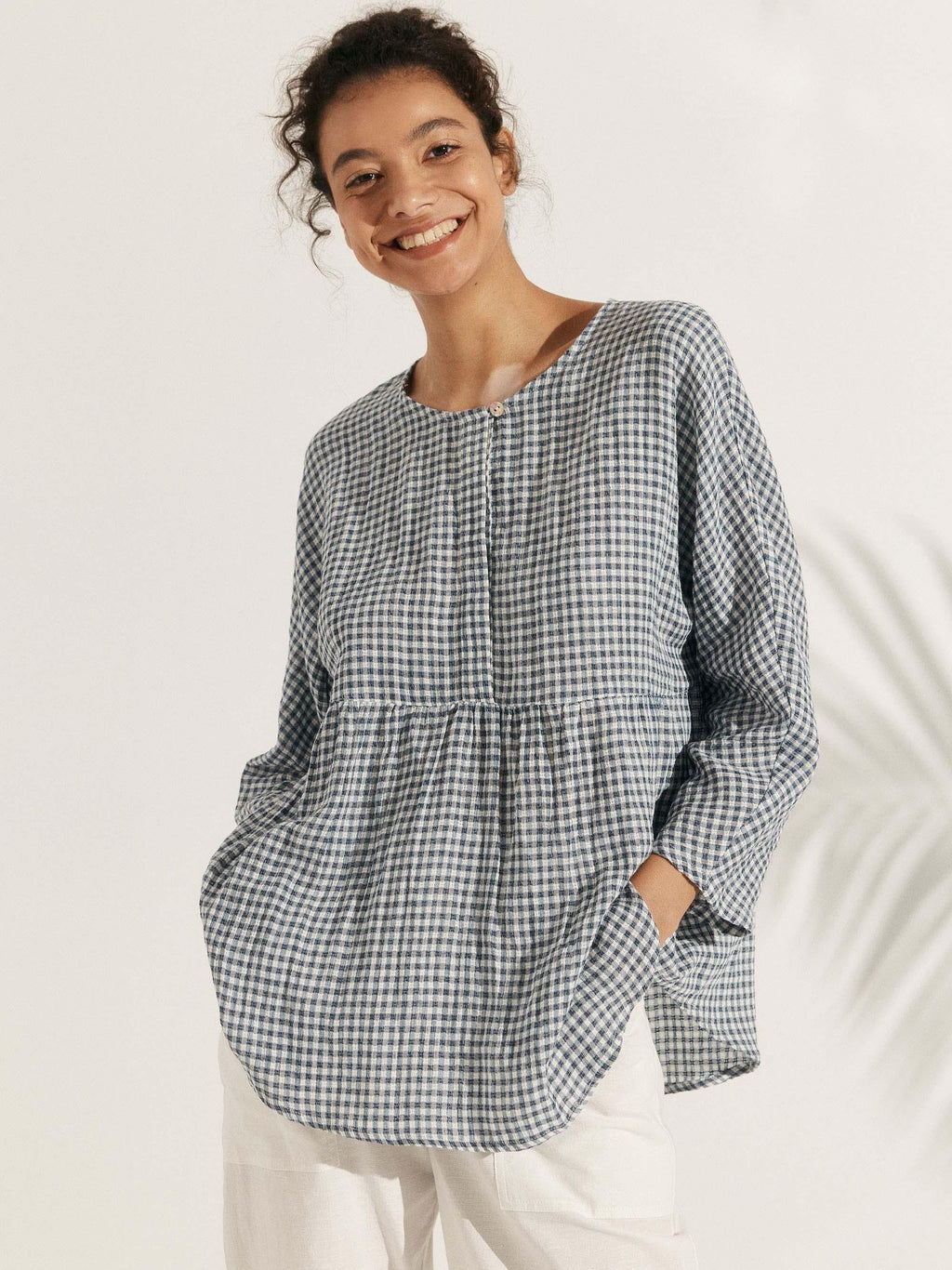 LINTICO Linen Checked Long-Sleeved Top CAROLINE — main product shot