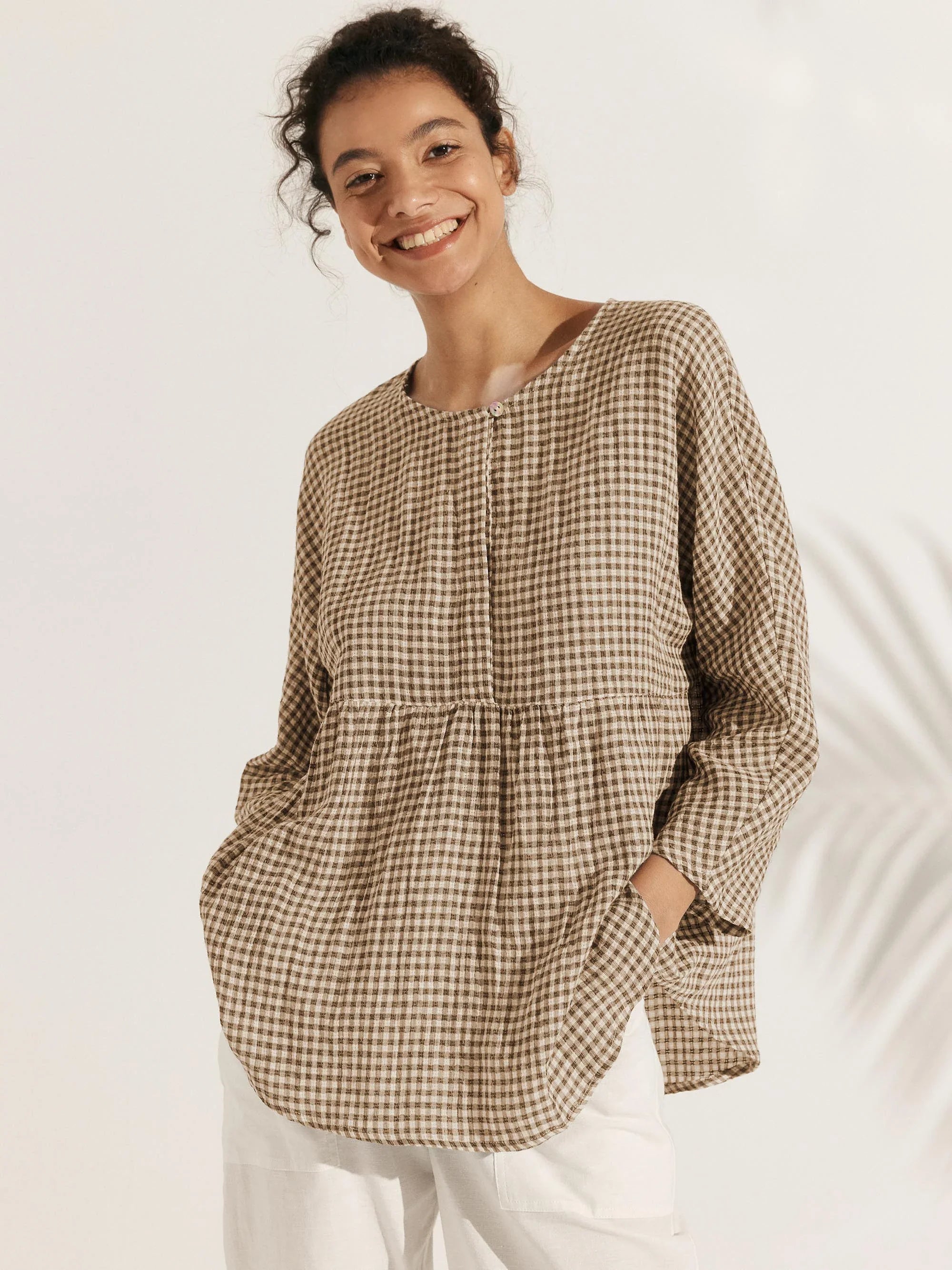 LINTICO Linen Checked Long-Sleeved Top CAROLINE — alternative angle