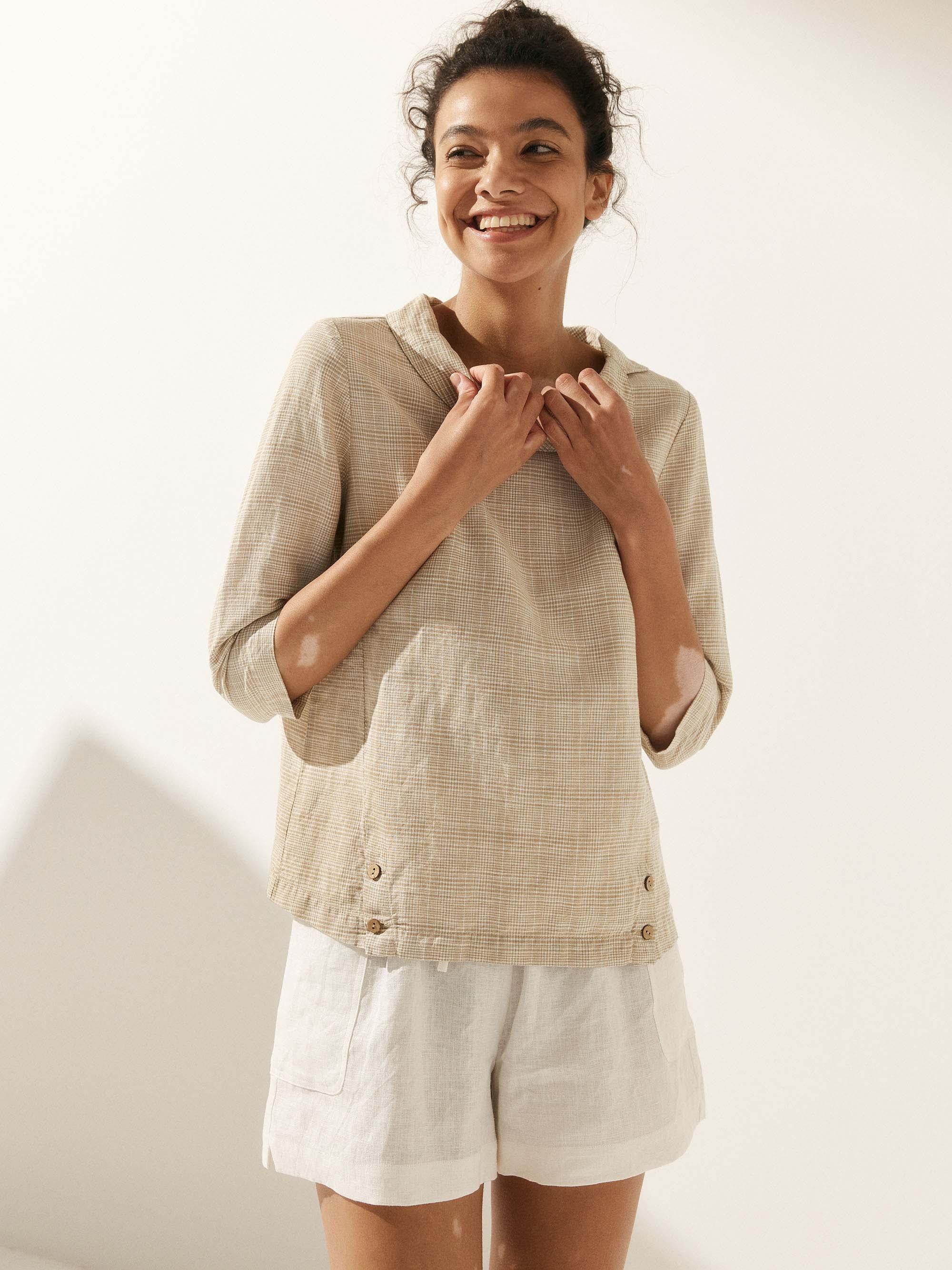 LINTICO Linen Gingham Checked Round Soft-Fold Collar Top LAURA — detail shot 9
