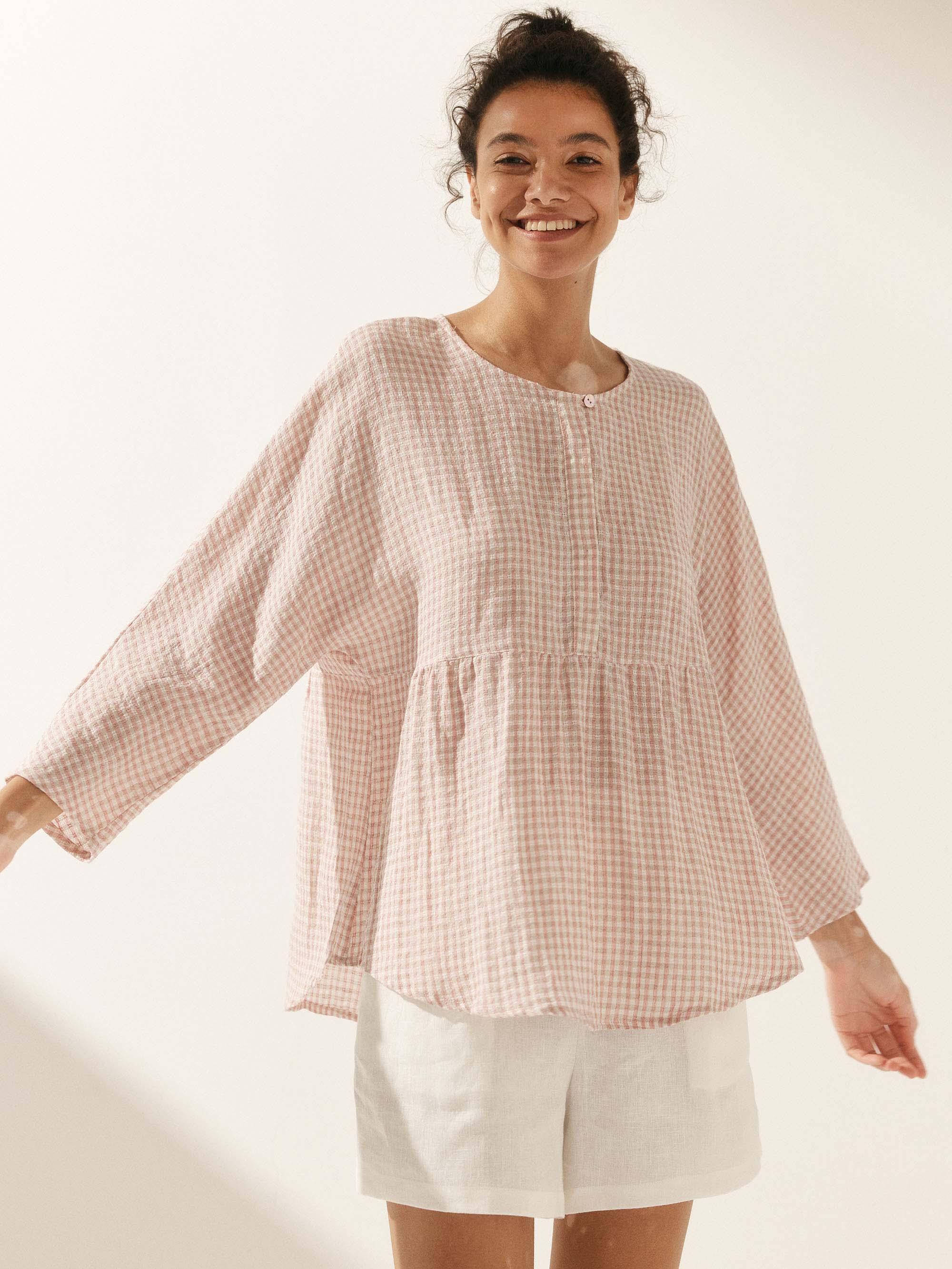 LINTICO Linen Checked Long-Sleeved Top CAROLINE — detail shot 6