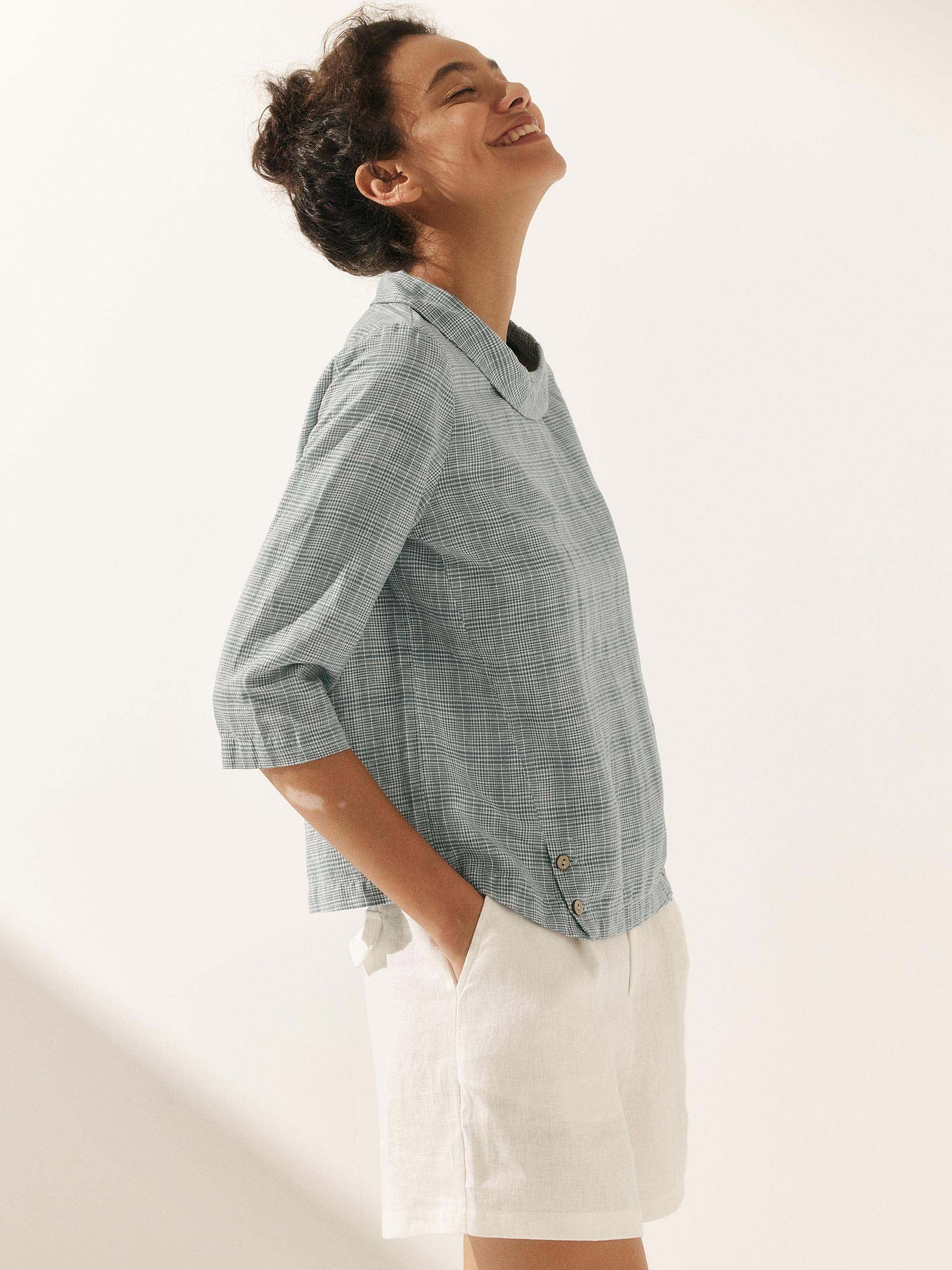 LINTICO Linen Gingham Checked Round Soft-Fold Collar Top LAURA — construction detail