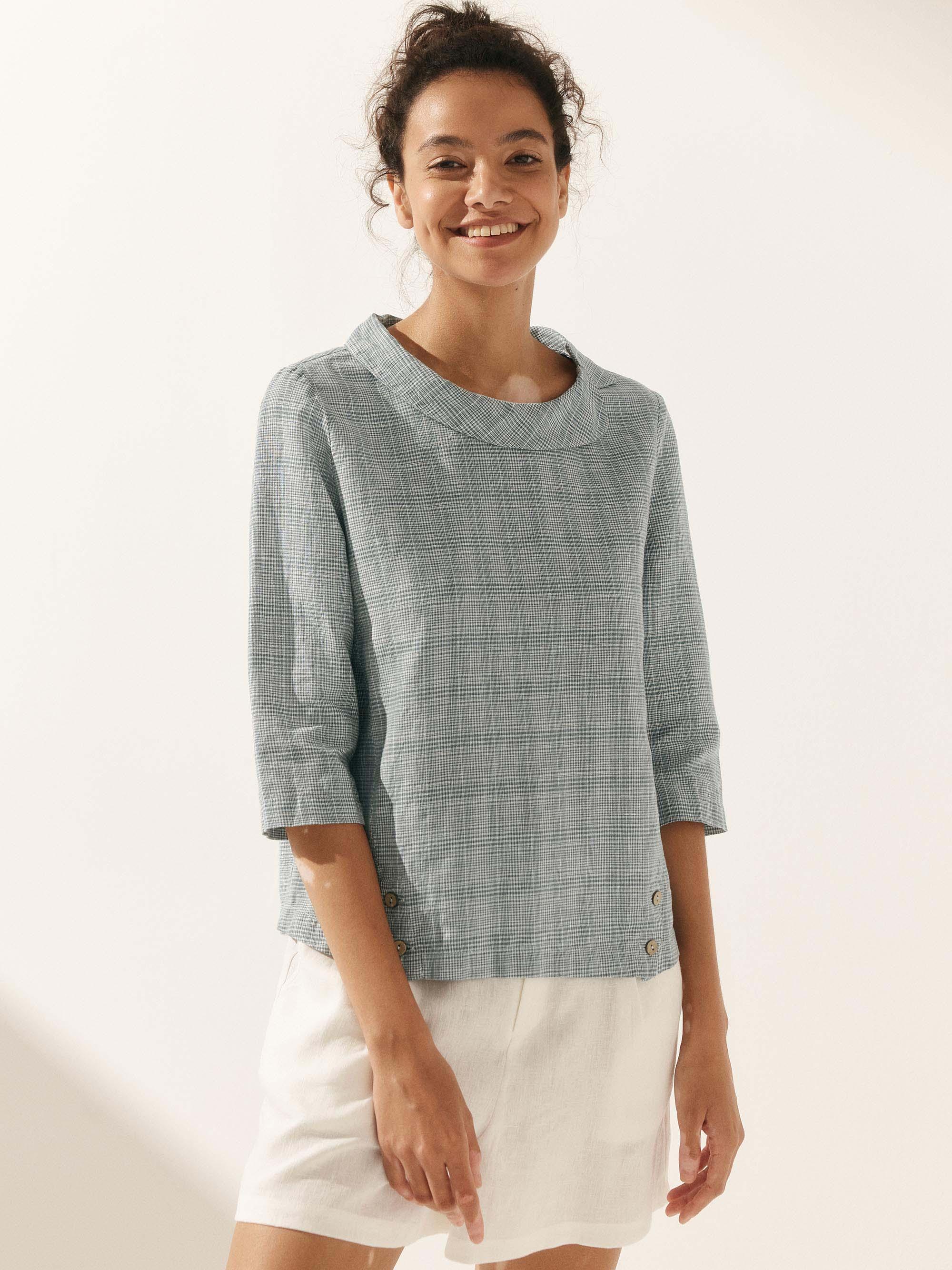 LINTICO Linen Gingham Checked Round Soft-Fold Collar Top LAURA — tops-blouses-linen category context