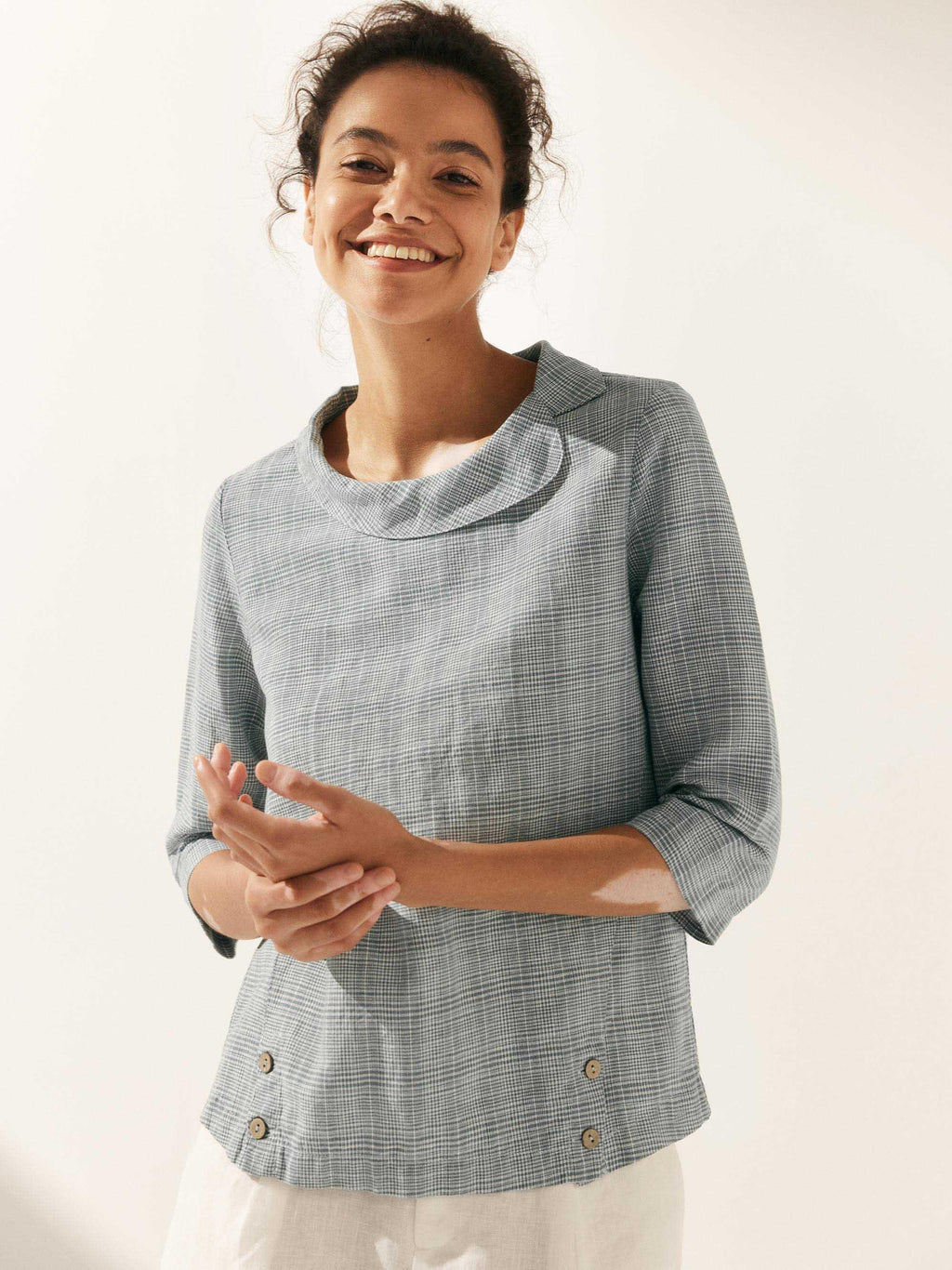 LINTICO Linen Gingham Checked Round Soft-Fold Collar Top LAURA — main product shot
