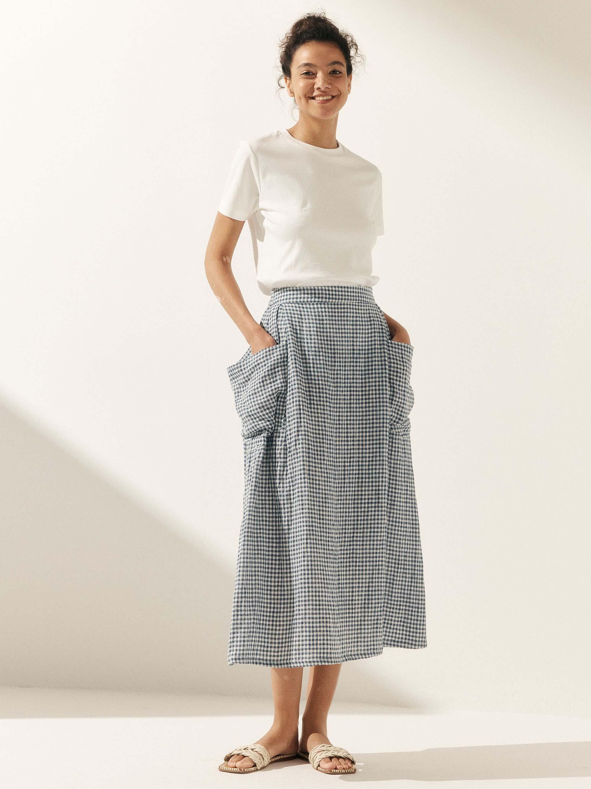 LINTICO Linen Checked Elastic Waist Skirt MARINA — flat-lay composition